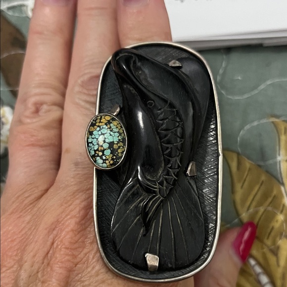 Navajo Zuni Native Rare Damale Turquoise carved Bird Fish Women's Statement Ring - Picture 2 of 8